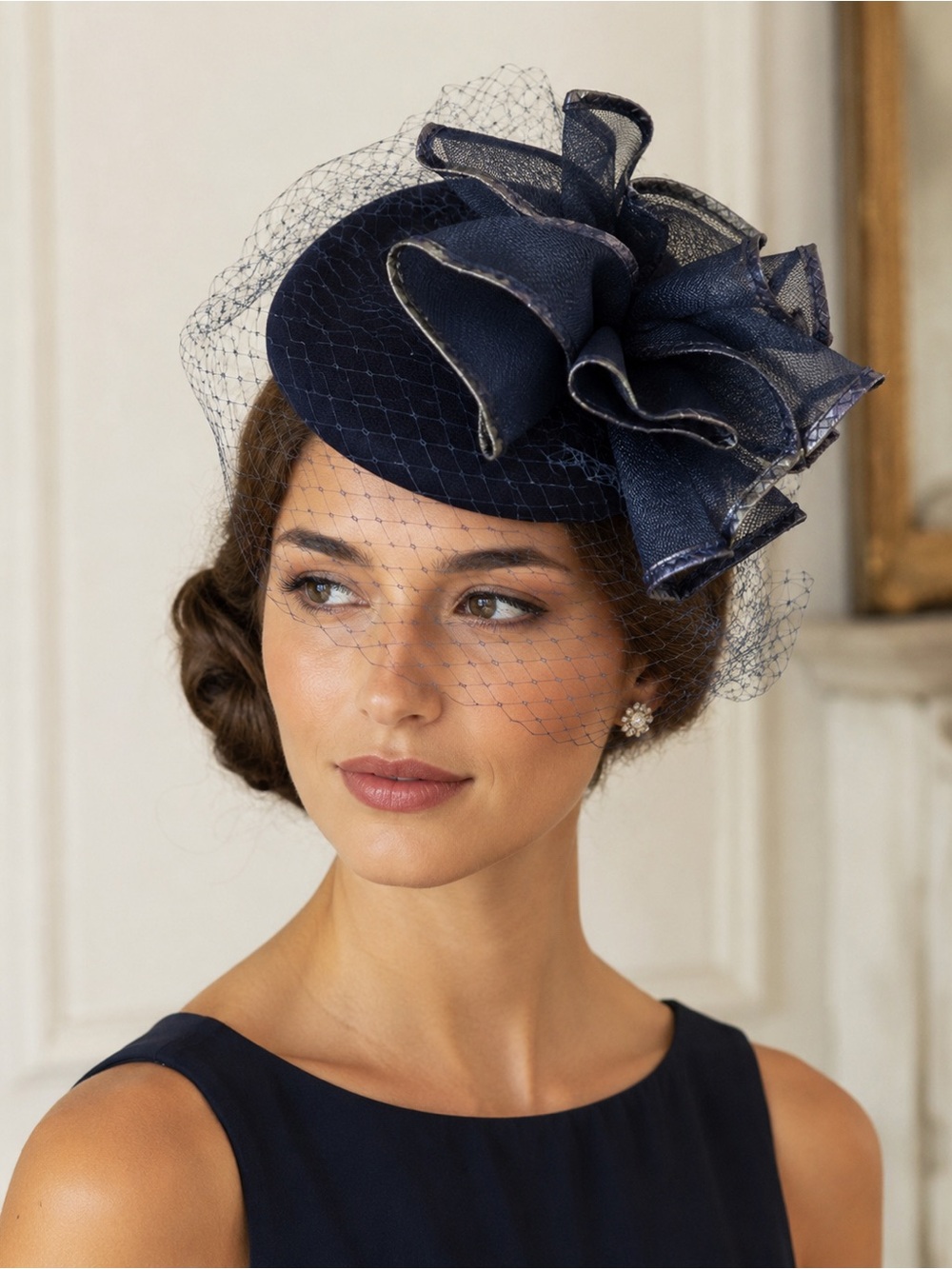 Vintage Navy Wool Fascinator Birdcage Veil Cocktail Derby Church Hat